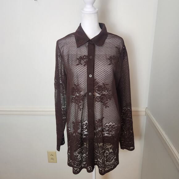 New York & Company Tops - Vtg Y2K NY & Co Shirt Sz Large Womens Tunic Top Sheer Brown Mesh Lace WhimsiGoth